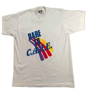 Vintage Dare To Care Graphic Tee Mens Large Rainbow Single Stitch White 90's